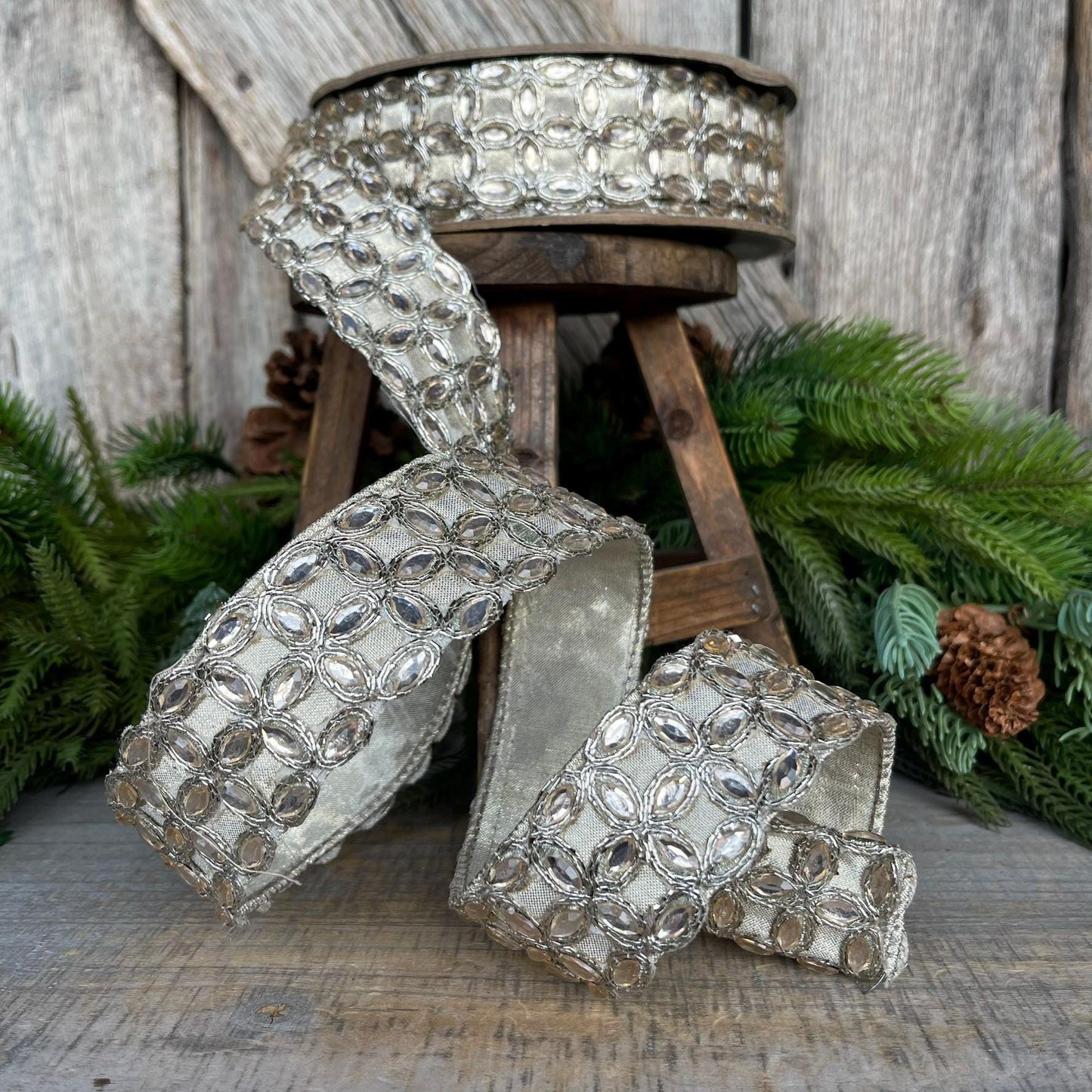 1.5" Platinum Jeweled ribbon, farrisilk ribbon, silver jeweled ribbon