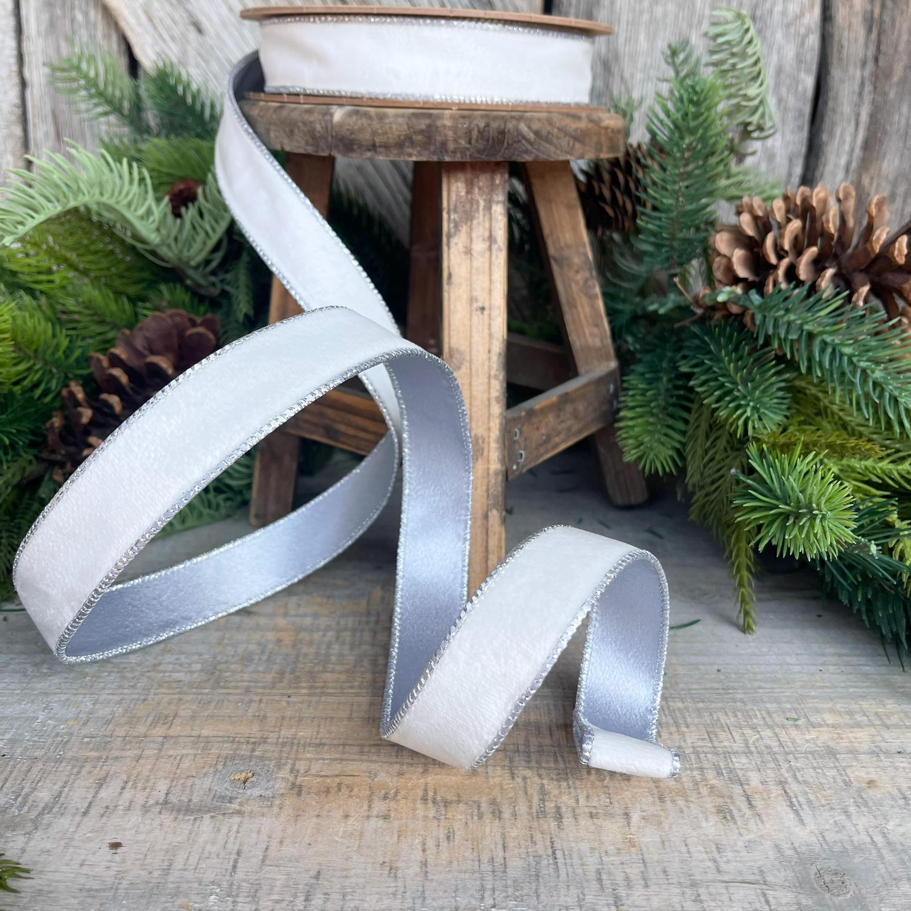 1" White Velvet Ribbon, White Velvet Ribbon, Wired Ribbon