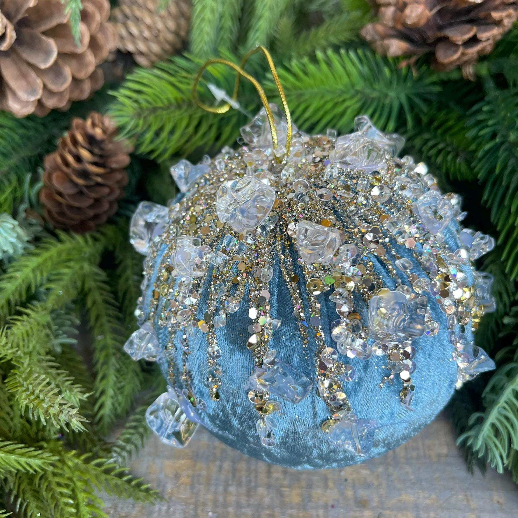 5" Steel Blue Velvet Ornament, Blue Ornament, Jeweled Ornament