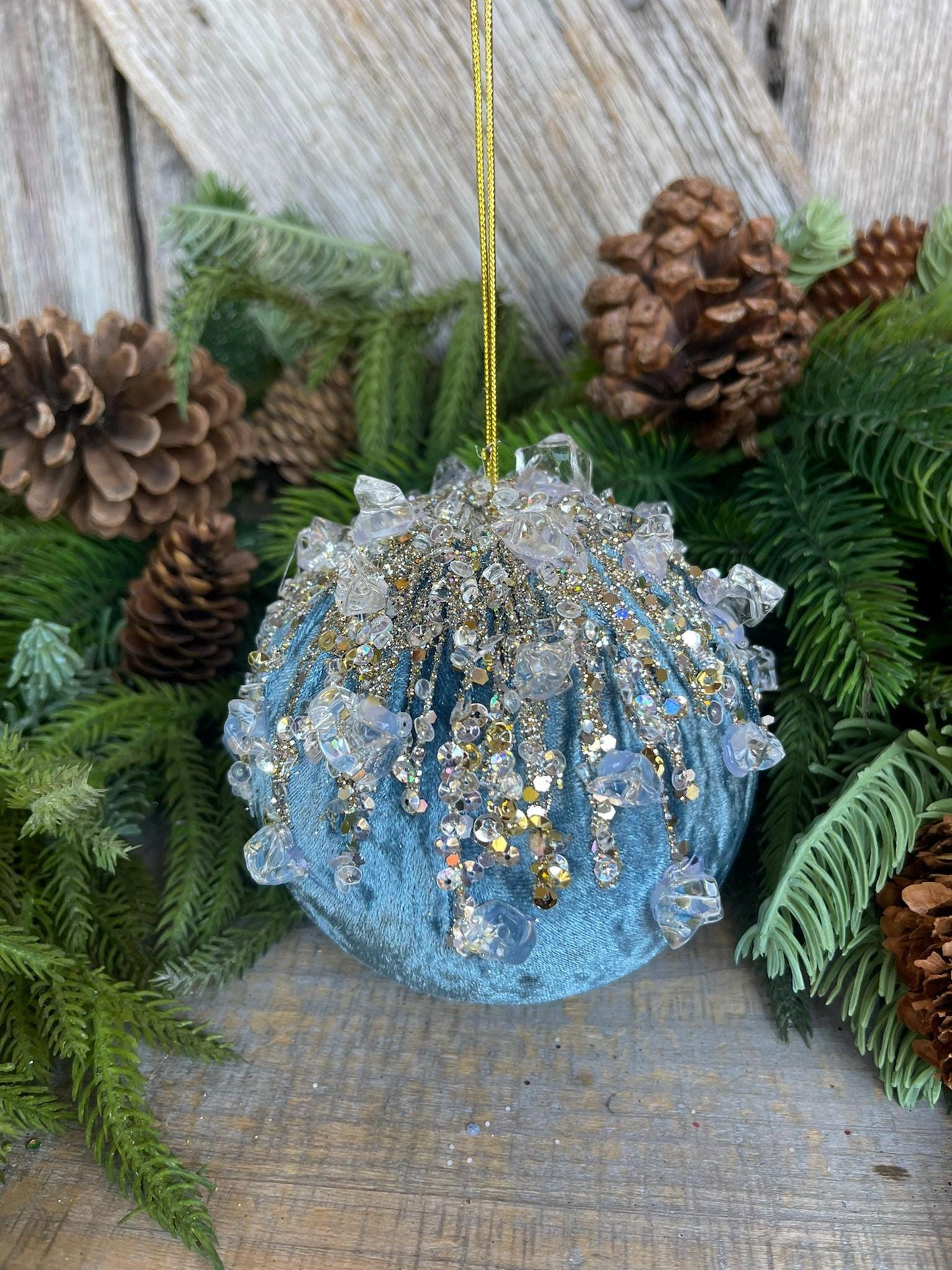 5" Steel Blue Velvet Ornament, Blue Ornament, Jeweled Ornament