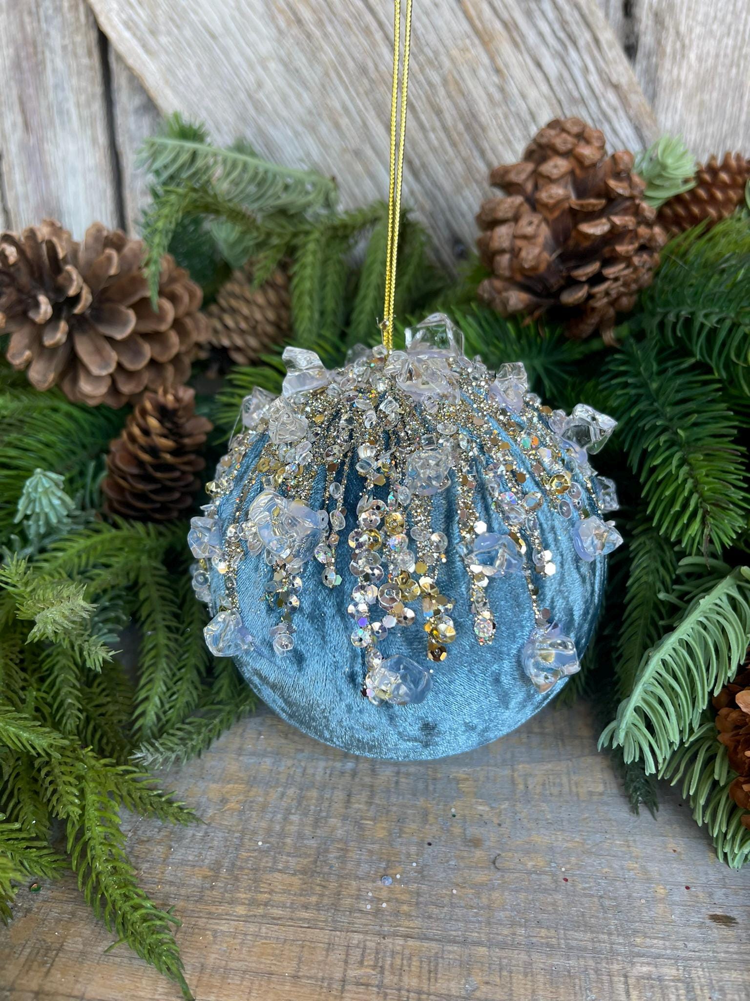5" Steel Blue Velvet Ornament, Blue Ornament, Jeweled Ornament