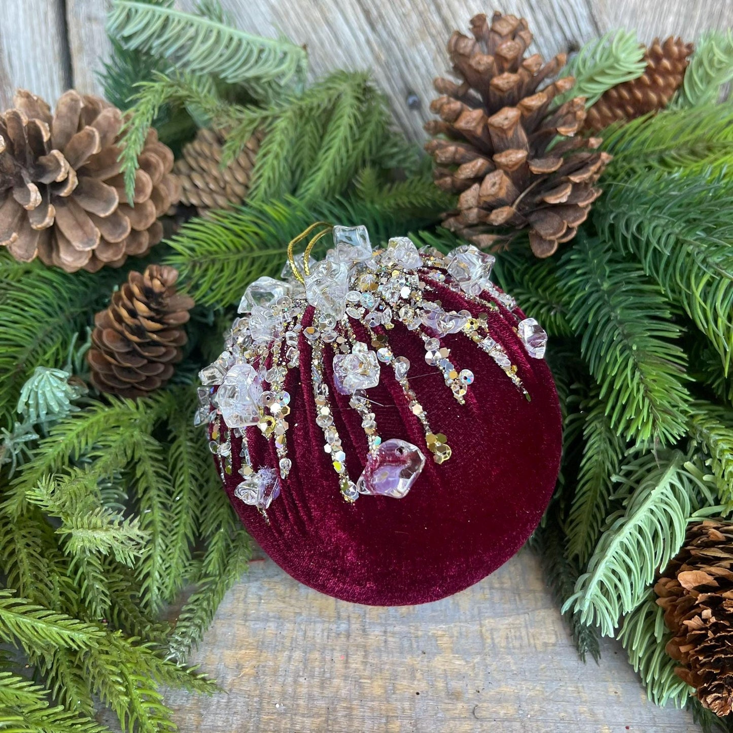 5" Burgundy Velvet Ornament, Burgundy Ornament, Jeweled Velvet Ornament