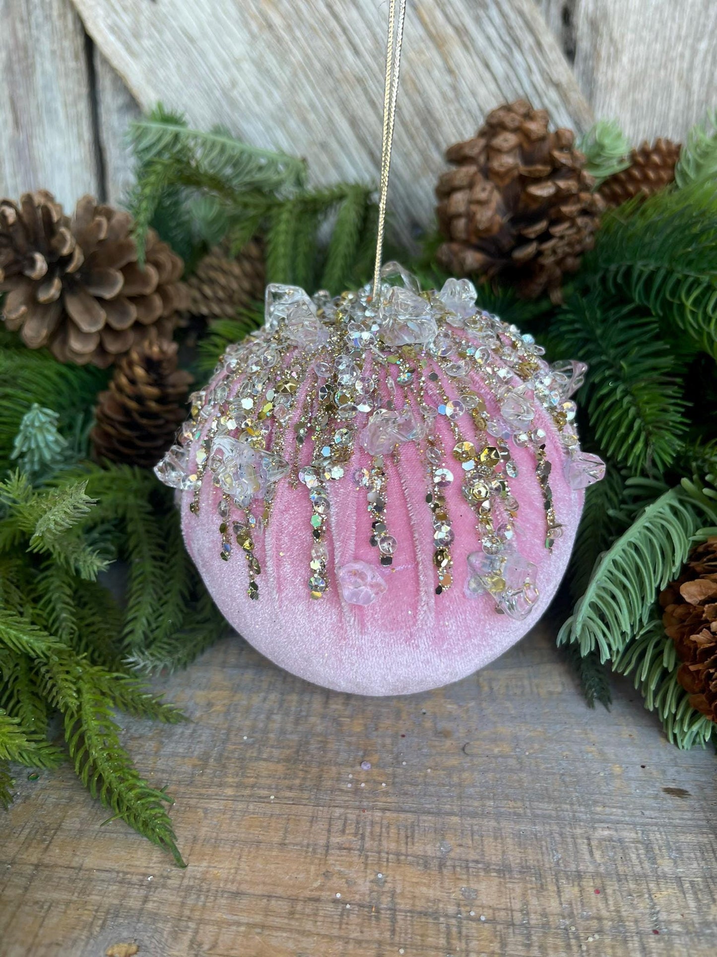 5" Light Pink Velvet Ornament, Pink Ornament, Jeweled Velvet Ornament