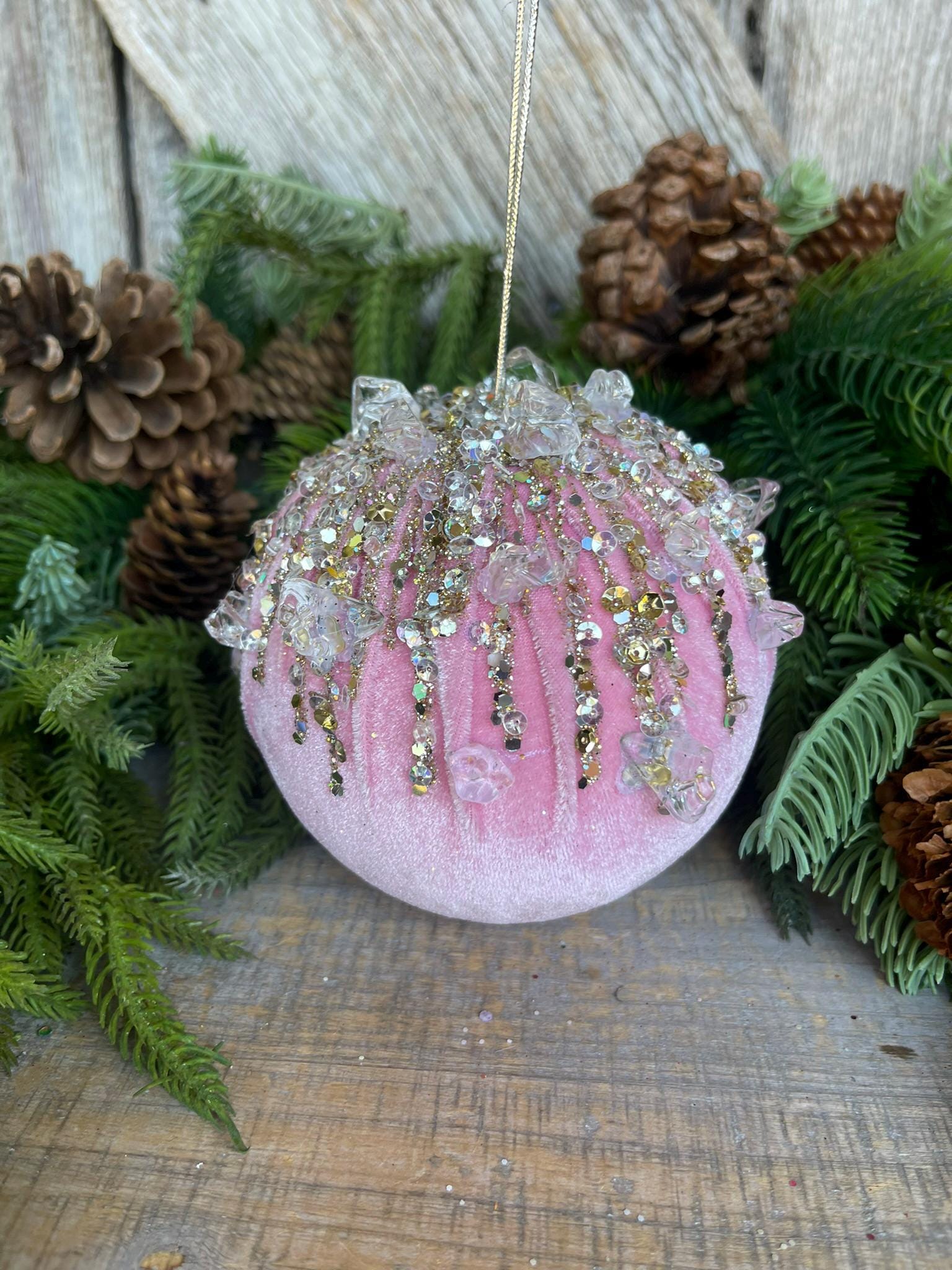 5" Light Pink Velvet Ornament, Pink Ornament, Jeweled Velvet Ornament