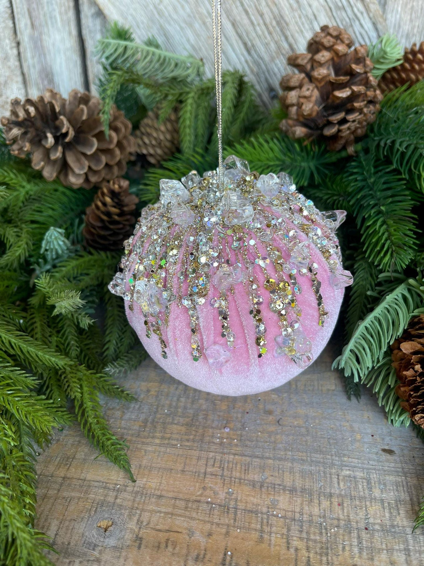 5" Light Pink Velvet Ornament, Pink Ornament, Jeweled Velvet Ornament