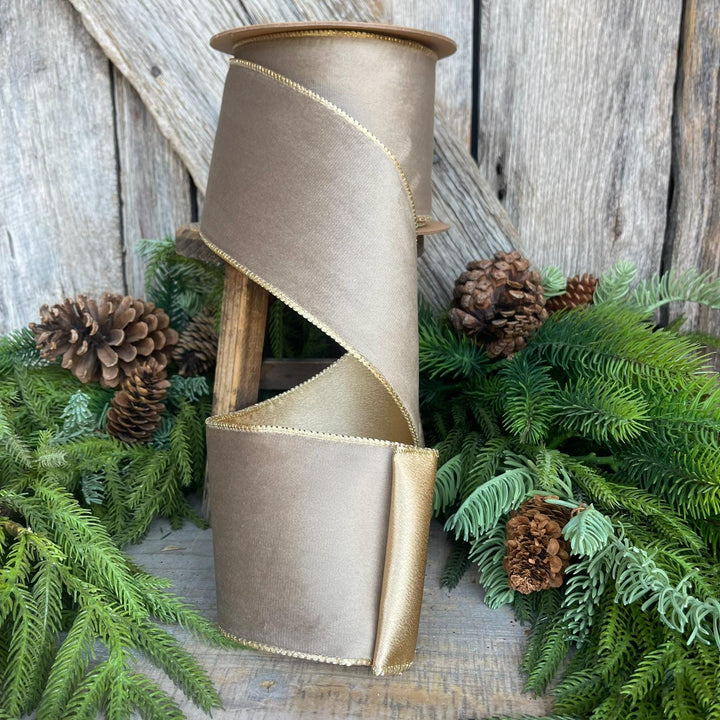 4" Mink Brown Velvet RIbbon, Wired Ribbon, Champagne Gold Velvet Ribbon