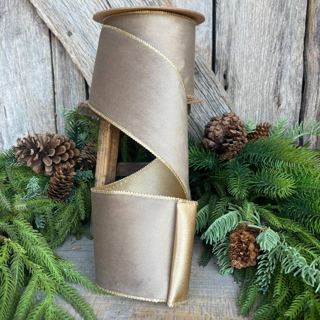 4" Mink Brown Velvet RIbbon, Wired Ribbon, Champagne Gold Velvet Ribbon