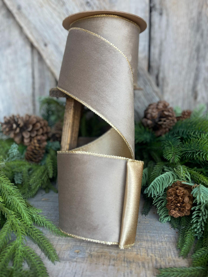 4" Mink Brown Velvet RIbbon, Wired Ribbon, Champagne Gold Velvet Ribbon