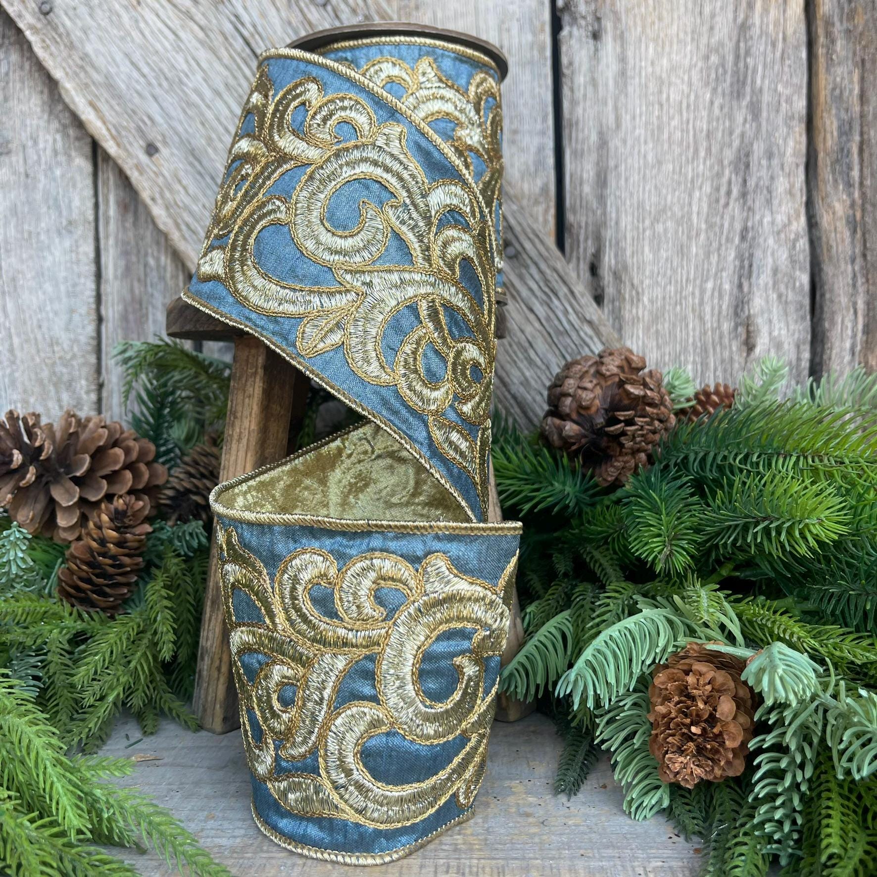 4" Steel Blue Scroll Ribbon, French Blue Scroll Ribbon