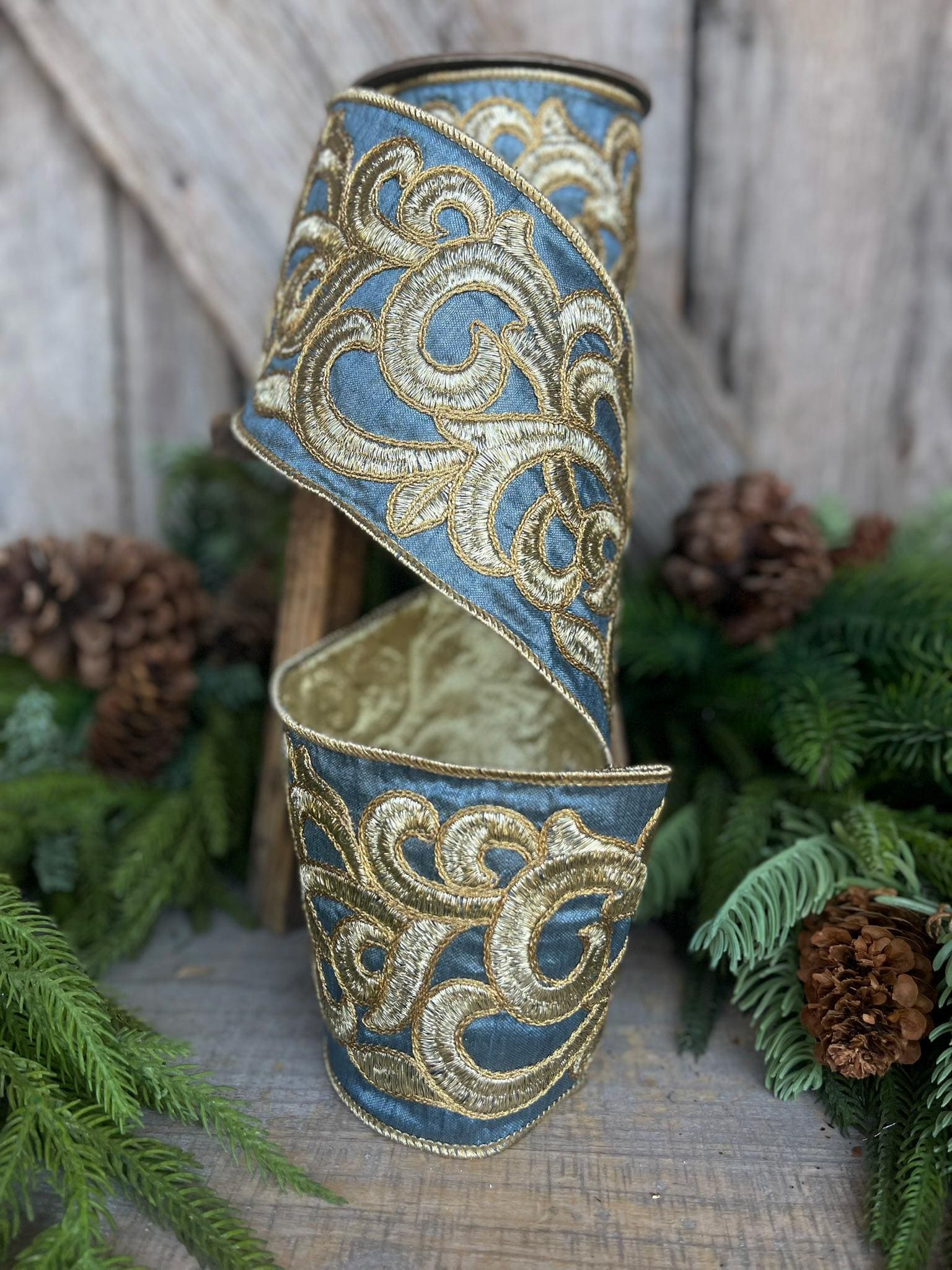 4" Steel Blue Scroll Ribbon, French Blue Scroll Ribbon