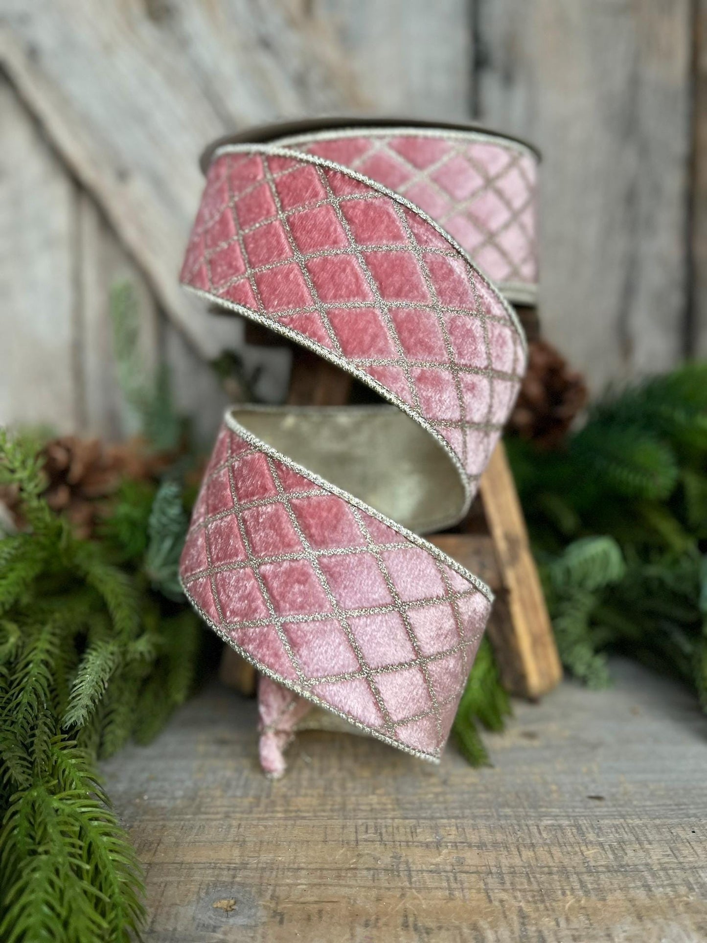 2.5" Pink Metallic Diamonds Velvet Ribbon, Farrisilk Ribbon, Christmas Tree Ribbon