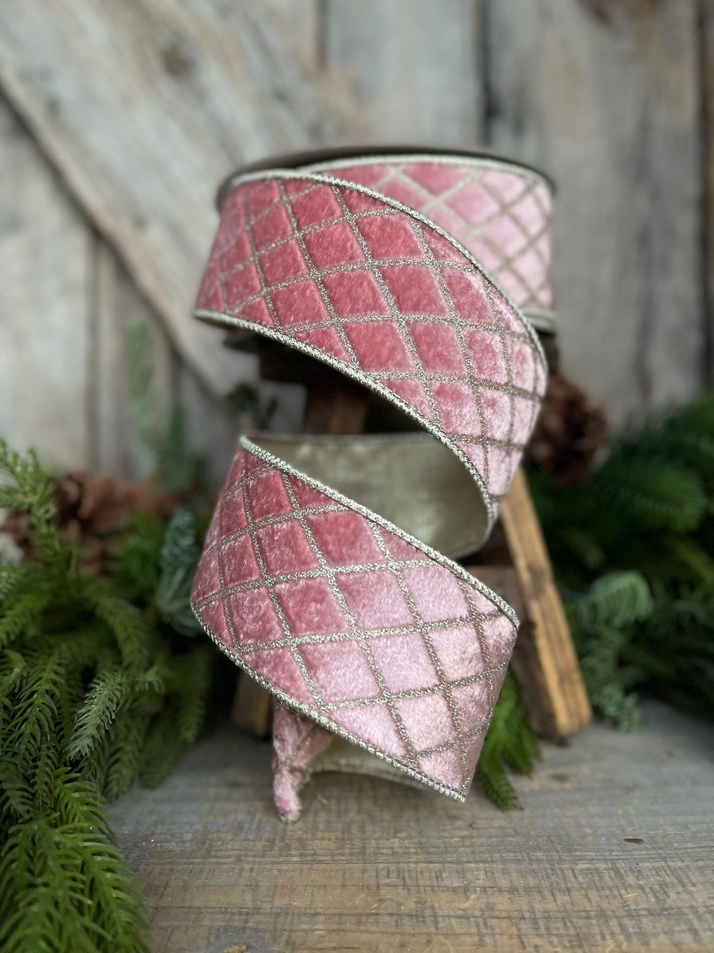 2.5" Pink Metallic Diamonds Velvet Ribbon, Farrisilk Ribbon, Christmas Tree Ribbon