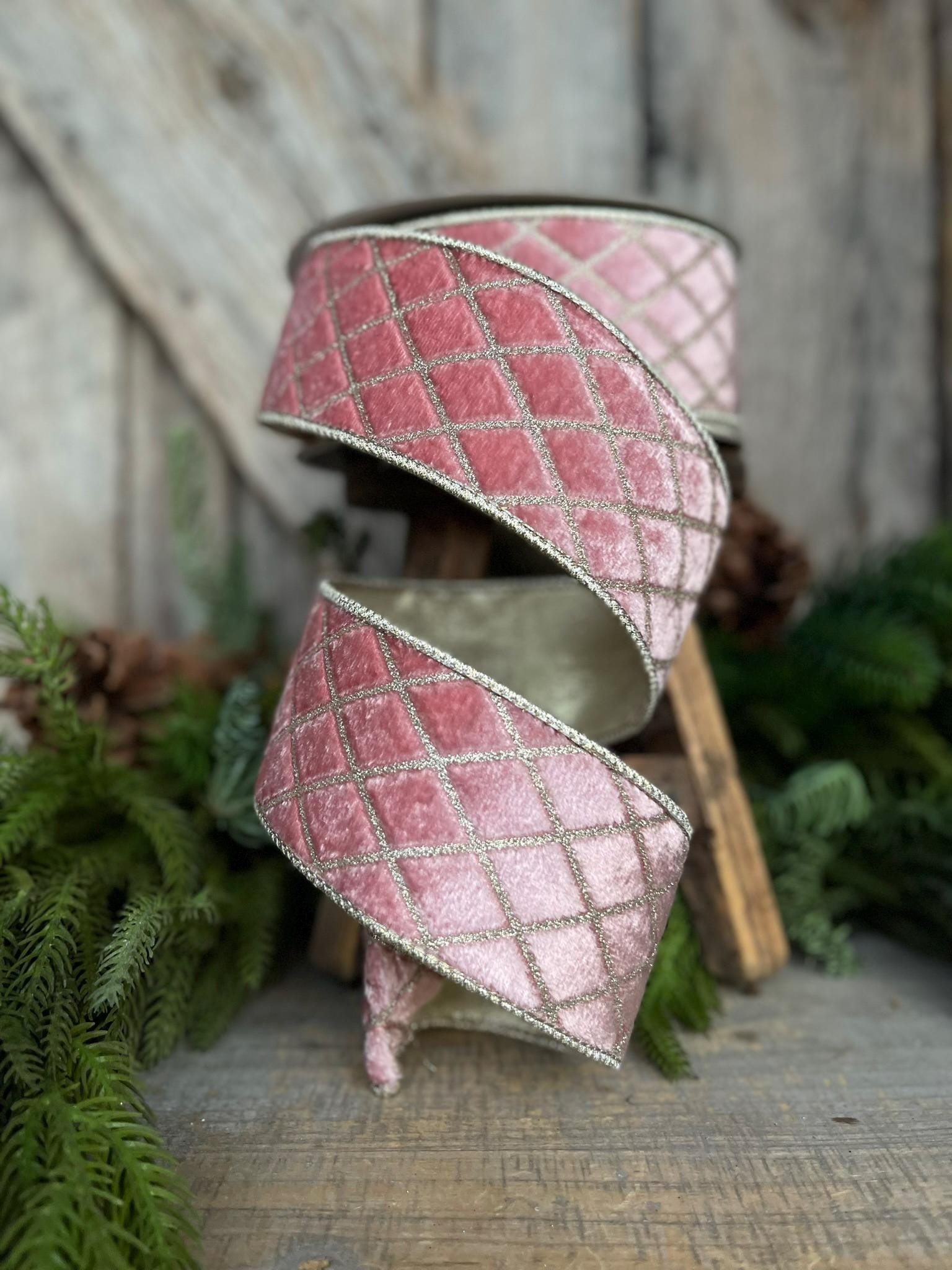 2.5" Pink Metallic Diamonds Velvet Ribbon, Farrisilk Ribbon, Christmas Tree Ribbon