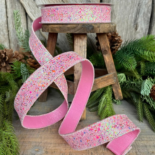 1" Pink Fairy Dust Ribbon, Farrisilk Ribbon, Pink Glitter RIbbon