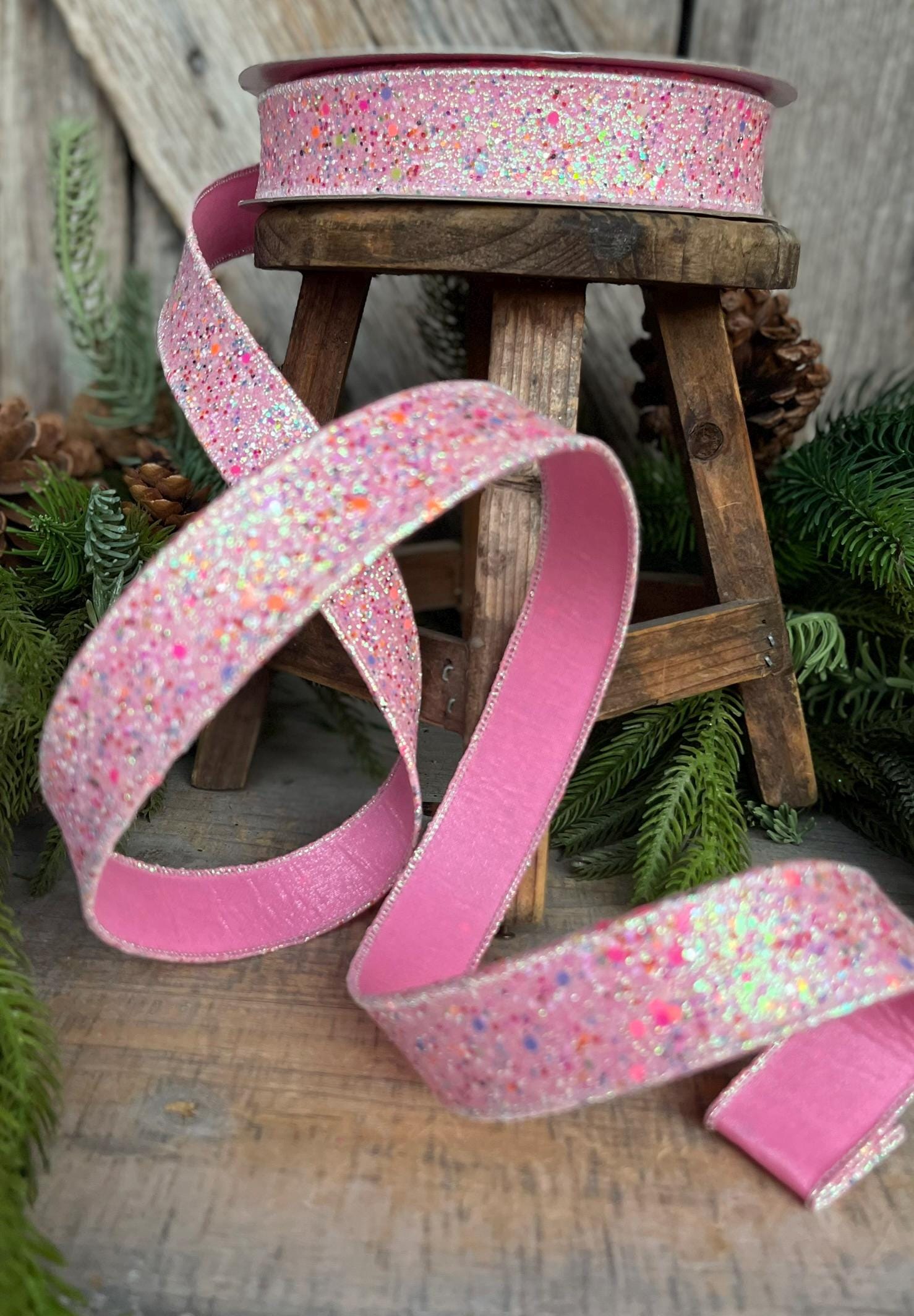 1" Pink Fairy Dust Ribbon, Farrisilk Ribbon, Pink Glitter RIbbon