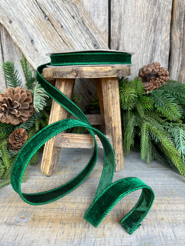 3/4" Emerald Green Velvet Ribbon, Farrisilk Ribbon, Green Velvet Ribbon