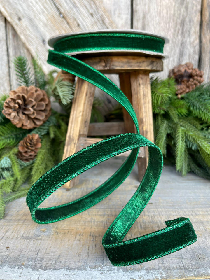 3/4" Emerald Green Velvet Ribbon, Farrisilk Ribbon, Green Velvet Ribbon