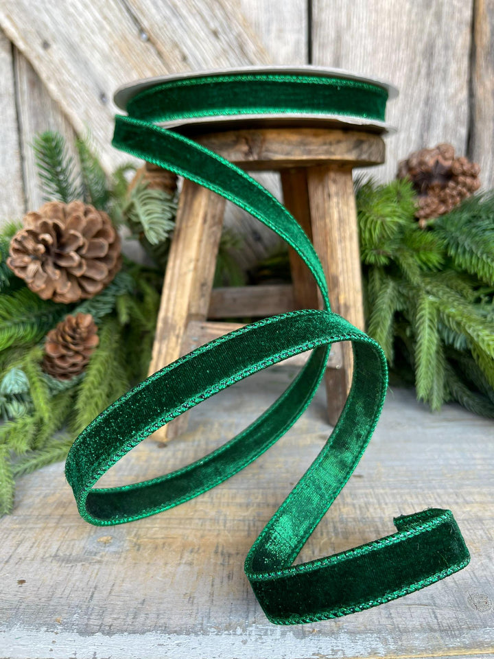 3/4" Emerald Green Velvet Ribbon, Farrisilk Ribbon, Green Velvet Ribbon