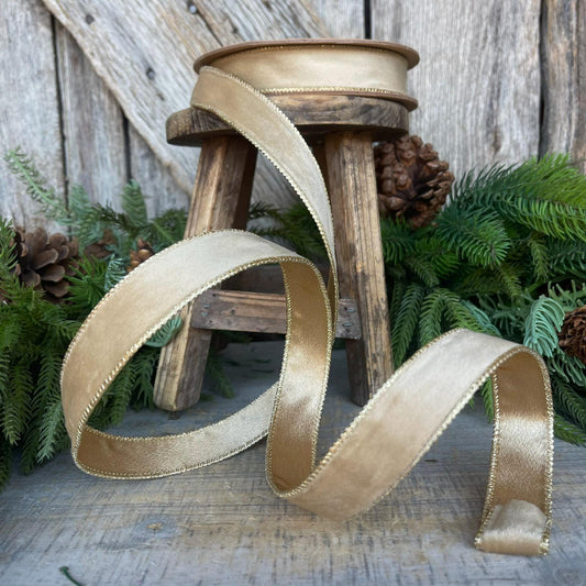 1" Gold Velvet RIbbon, Wired Ribbon, Champagne Gold Velvet Ribbon