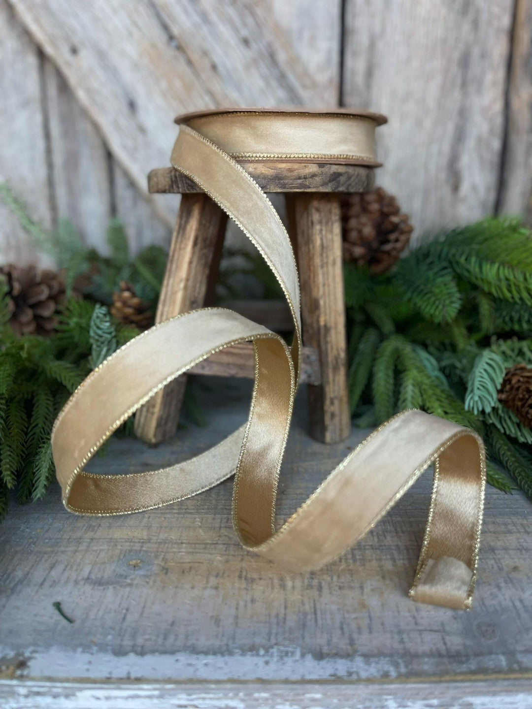 1" Gold Velvet RIbbon, Wired Ribbon, Champagne Gold Velvet Ribbon