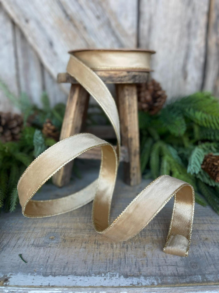 1" Gold Velvet RIbbon, Wired Ribbon, Champagne Gold Velvet Ribbon