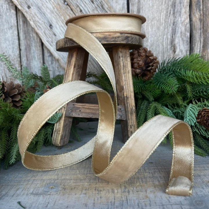 1" Gold Velvet RIbbon, Wired Ribbon, Champagne Gold Velvet Ribbon