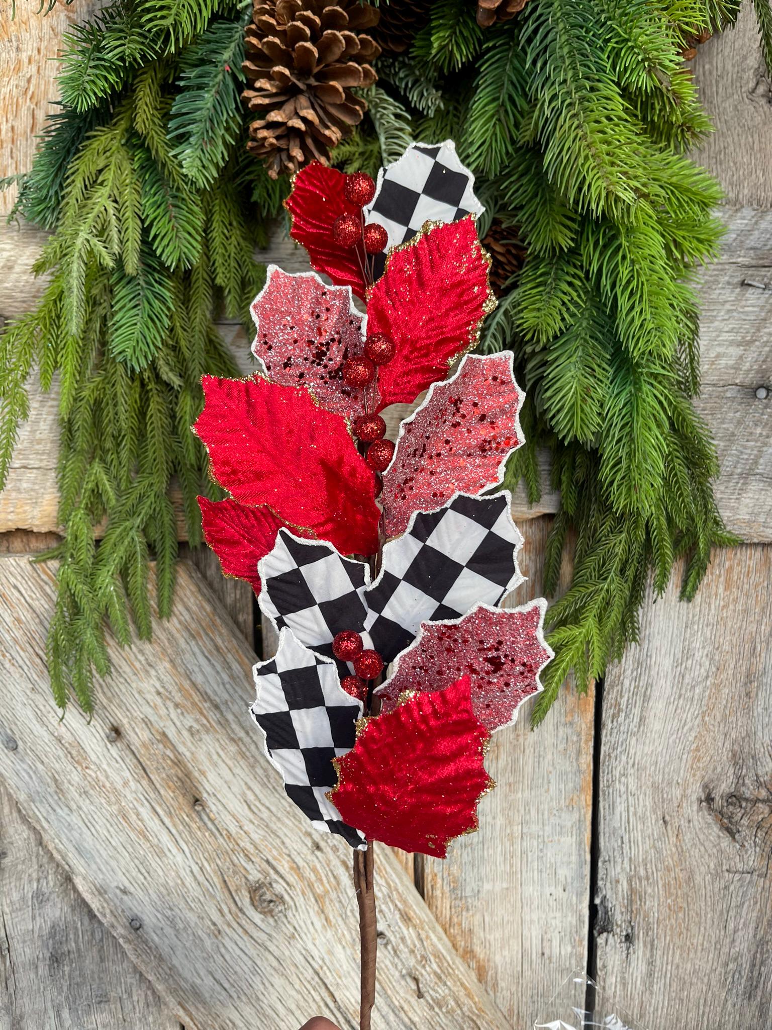 27" Holly Leaf Spray, Black White Check Holly Leaf Spray, Red Holly Leaf Spray