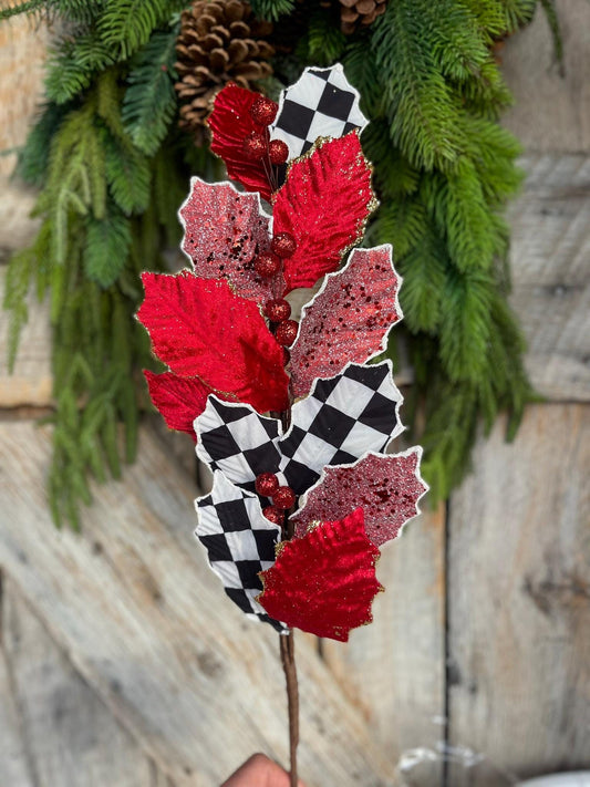 27" Holly Leaf Spray, Black White Check Holly Leaf Spray, Red Holly Leaf Spray