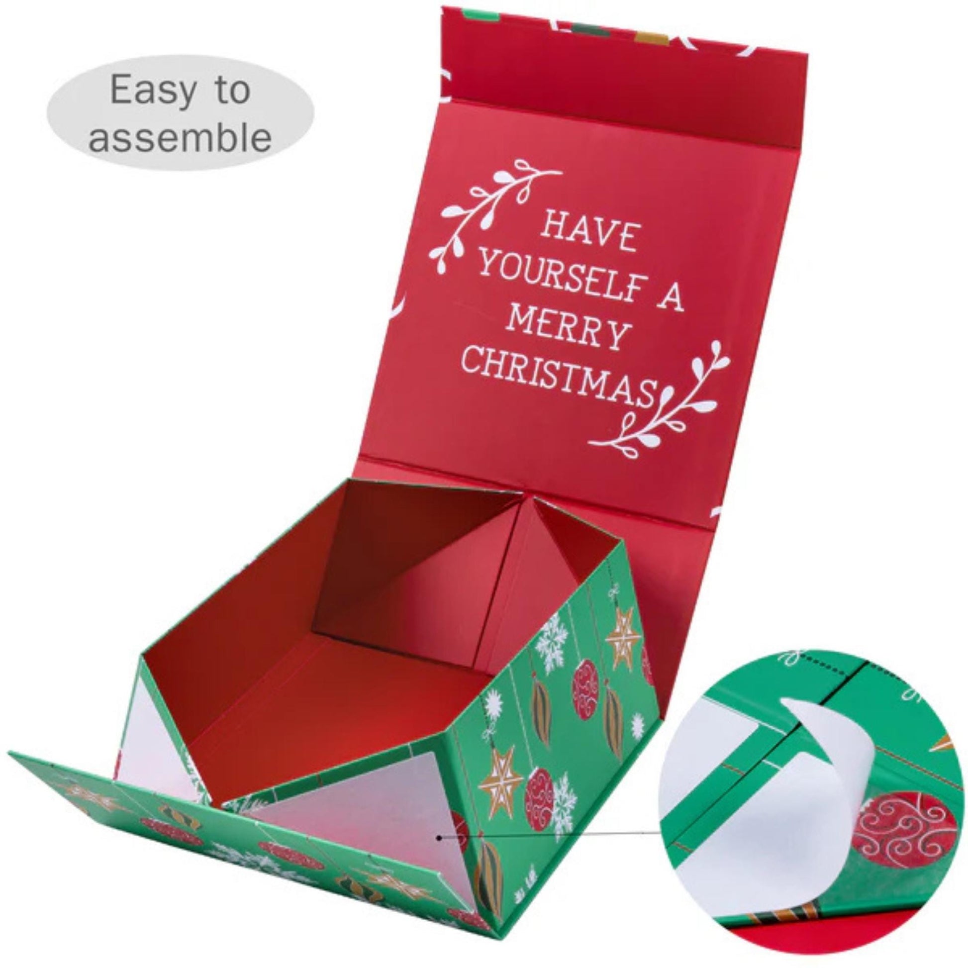 8" x 8" x 4" Collapsible Holiday Gift Box with Magnetic Square Flap Lid - Red/Green Christmas Ornaments