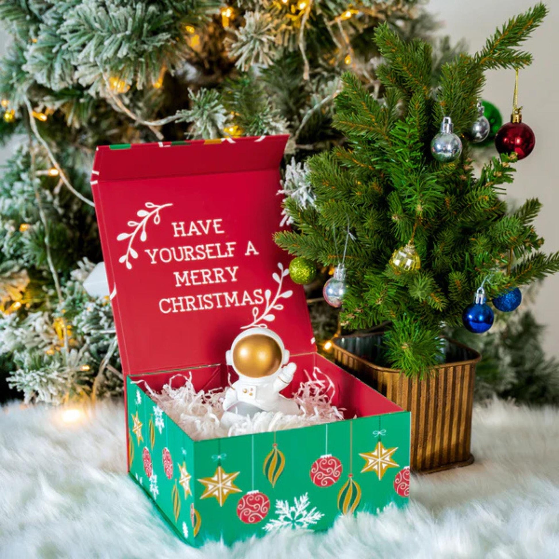 8" x 8" x 4" Collapsible Holiday Gift Box with Magnetic Square Flap Lid - Red/Green Christmas Ornaments