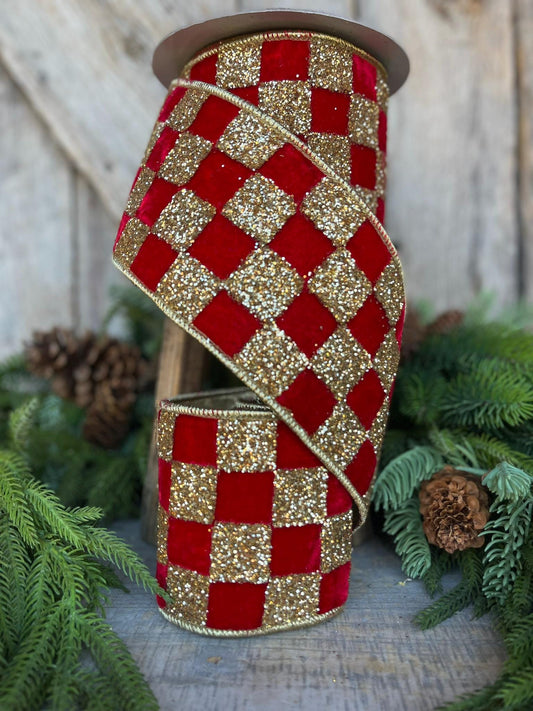 4" Red Gold Ribbon Glitter Checks, Christmas Tree Ribbon, Red Velvet Ribbon