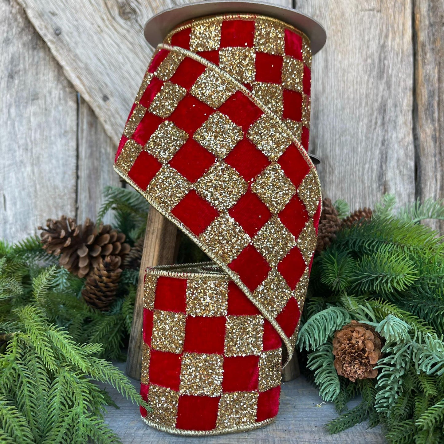 4" Red Gold Ribbon Glitter Checks, Christmas Tree Ribbon, Red Velvet Ribbon