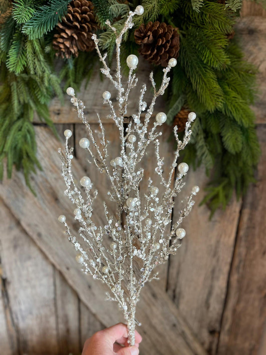 33" Iced Twig Pearl Spray, Christmas Tree Picks & Stems, Christmas Tree Spray