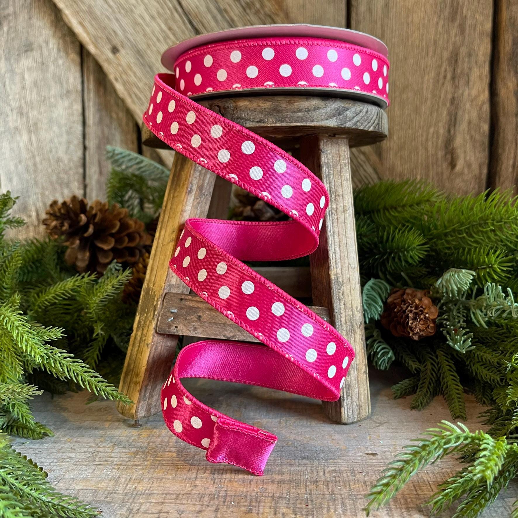 1" Hot Pink Mini Dots, Farrisilk Ribbon, Wired Ribbon,Hot Pink Polka Dot RIbbon