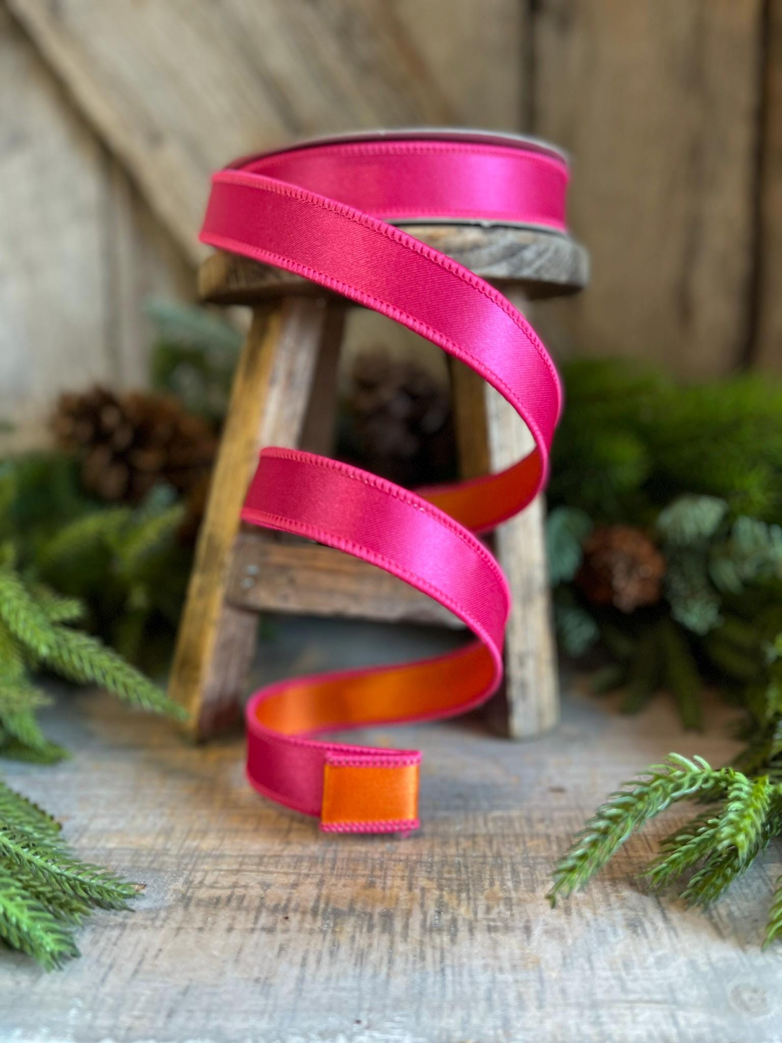 1" Pink Orange Satin Ribbon, Farrisilk Ribbon, Wired Ribbon