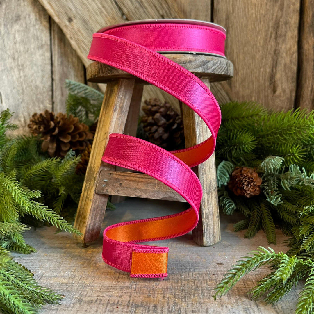 1" Pink Orange Satin Ribbon, Farrisilk Ribbon, Wired Ribbon