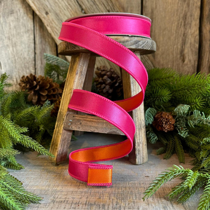 1" Pink Orange Satin Ribbon, Farrisilk Ribbon, Wired Ribbon