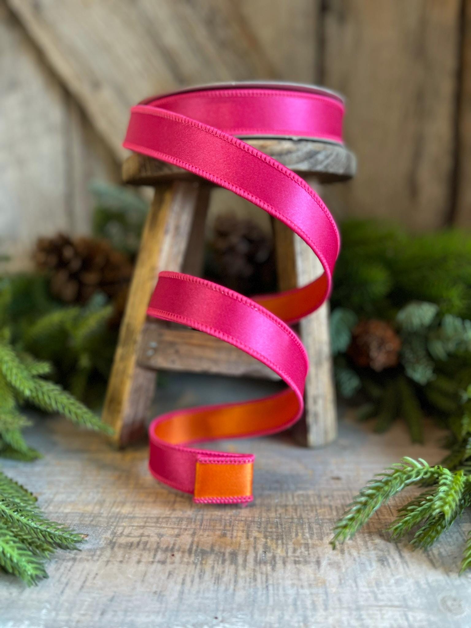 1" Pink Orange Satin Ribbon, Farrisilk Ribbon, Wired Ribbon