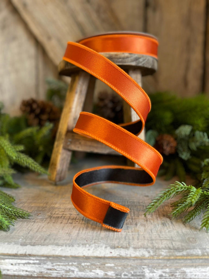 1" Orange Black Satin Ribbon, Farrisilk Ribbon, Wired Ribbon