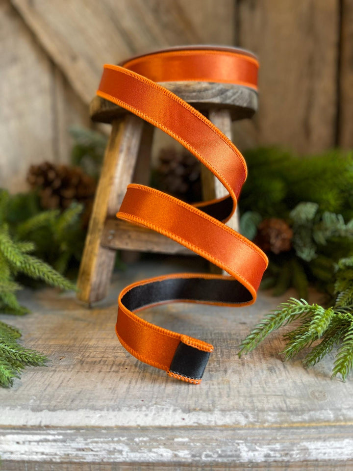 1" Orange Black Satin Ribbon, Farrisilk Ribbon, Wired Ribbon