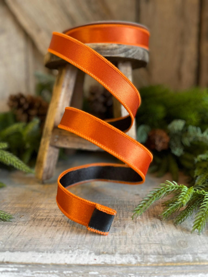 1" Orange Black Satin Ribbon, Farrisilk Ribbon, Wired Ribbon