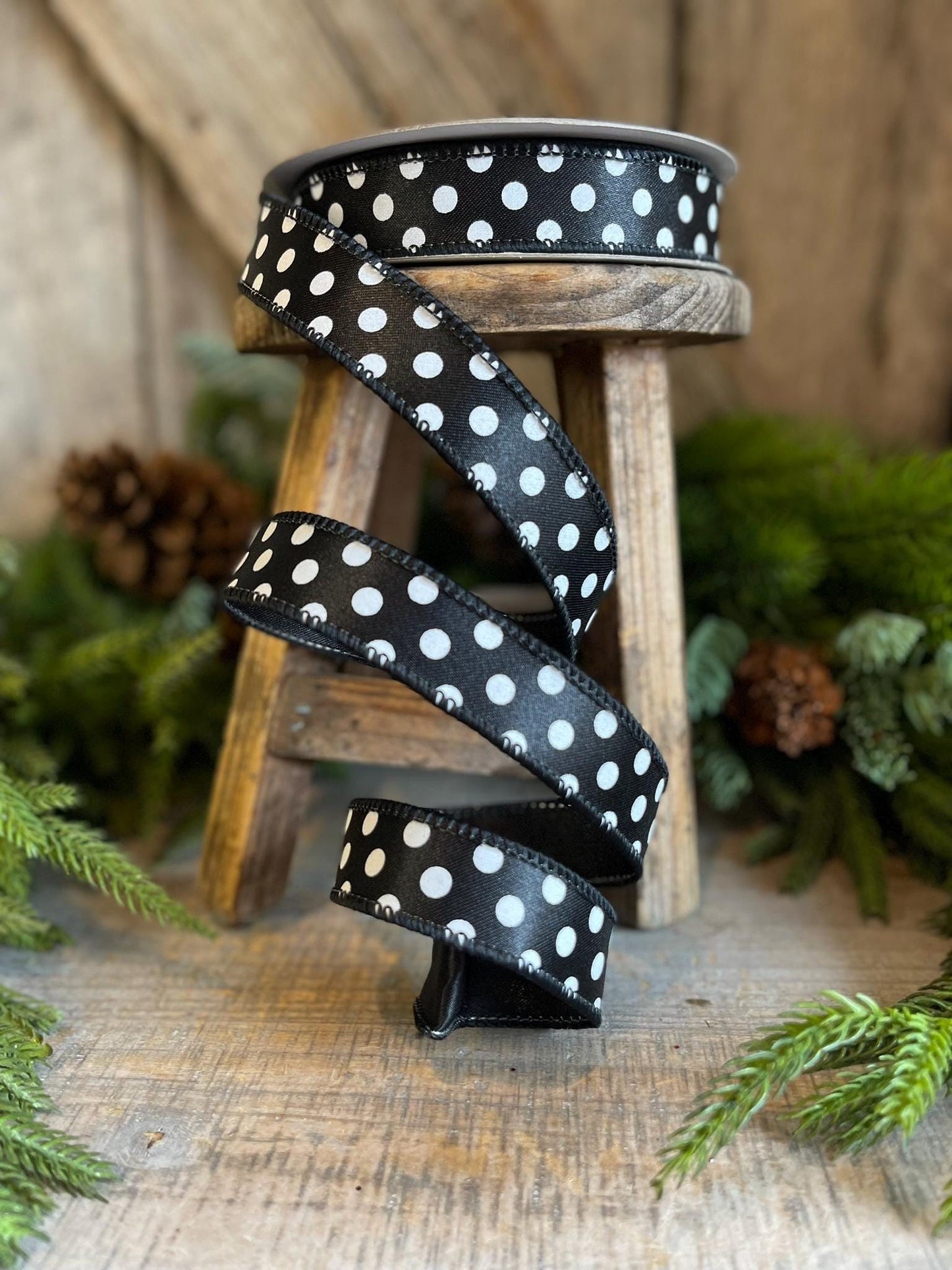 1" Black White Mini Dots, Farrisilk Ribbon, Polka Dot RIbbon