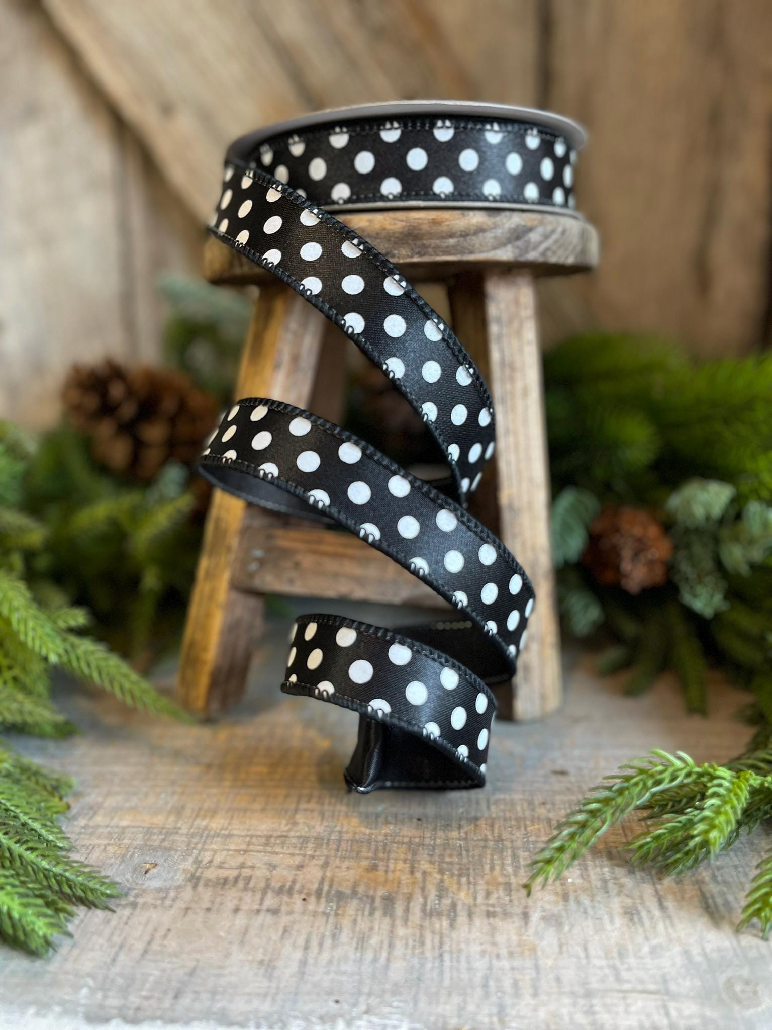 1" Black White Mini Dots, Farrisilk Ribbon, Polka Dot RIbbon