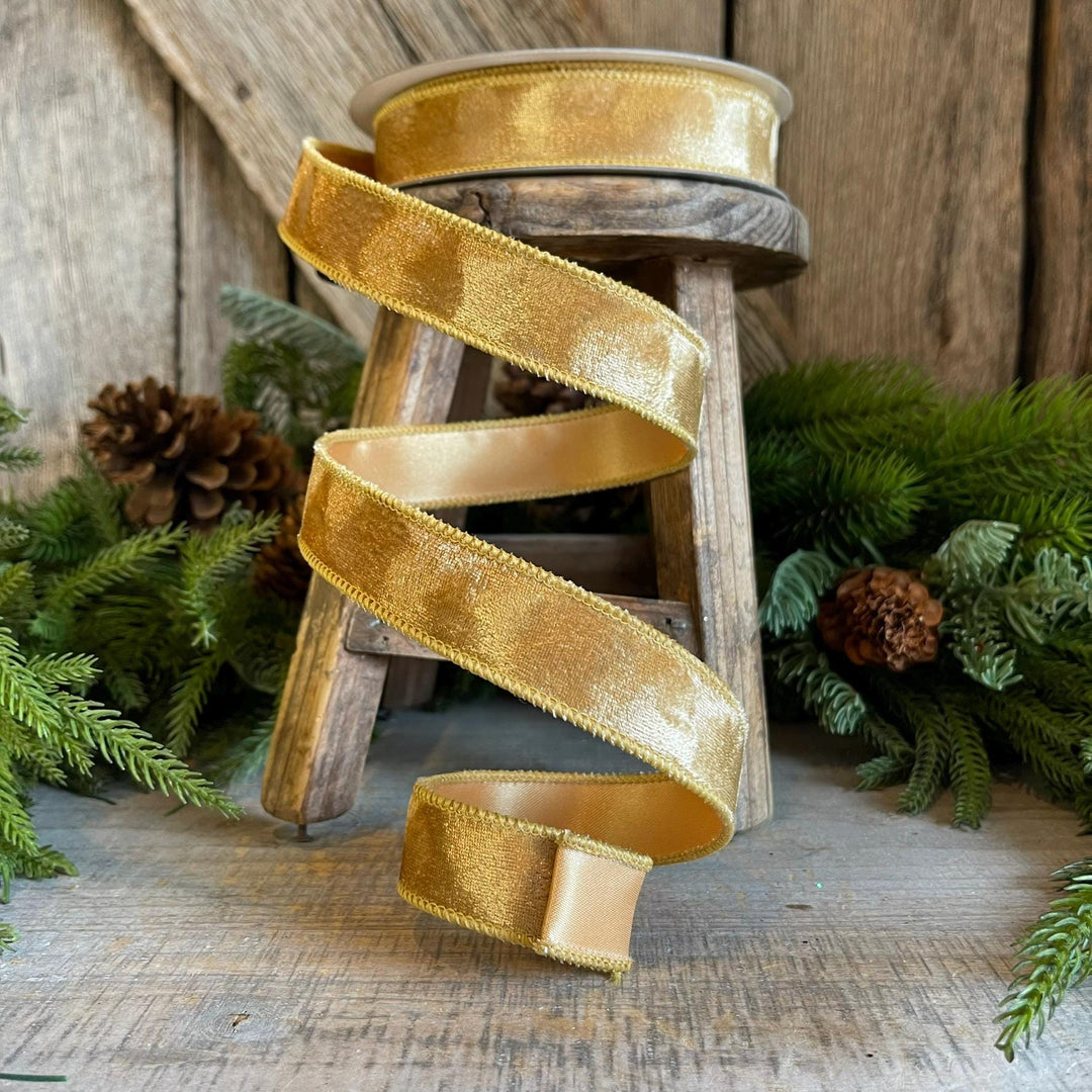 1" Gold Silken Velvet Ribbon, Farrisilk Ribbon, Wired Ribbon