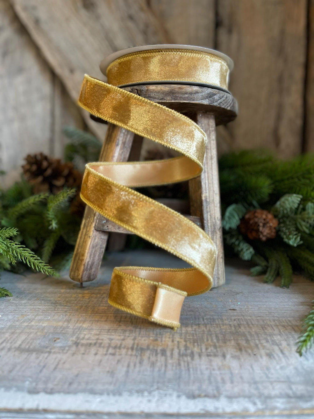 1" Gold Silken Velvet Ribbon, Farrisilk Ribbon, Wired Ribbon