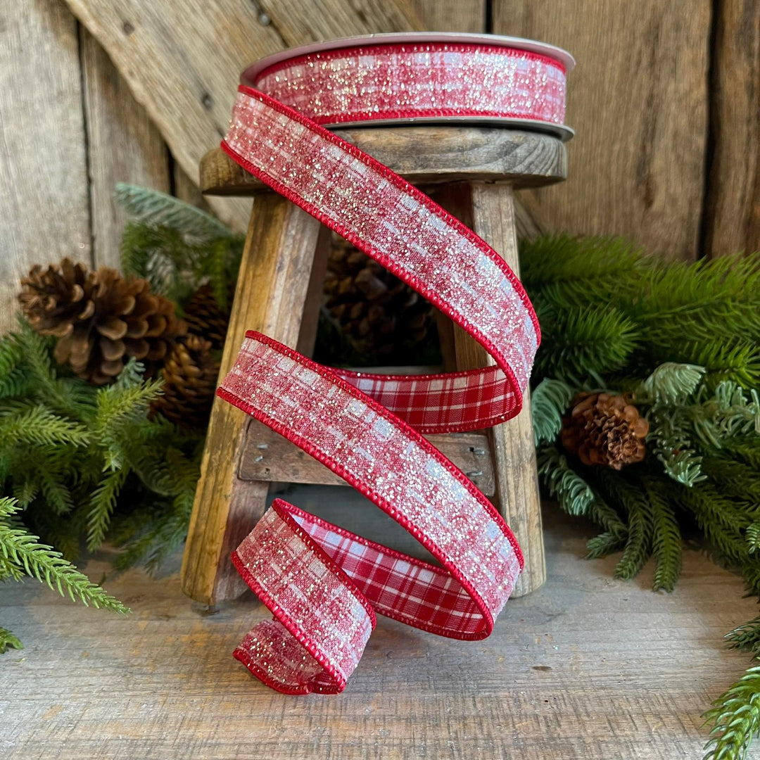 1" Sugar Candy Plaid Wired Ribbon, Farrisilk Ribbon, Gingerbread Ribbon
