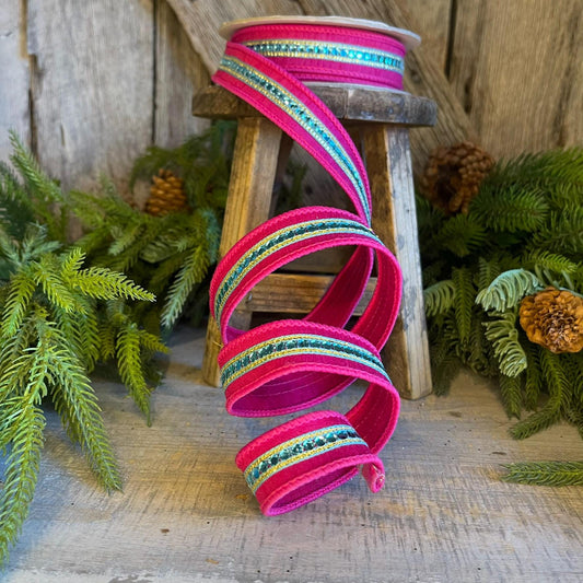 1" Hot Pink Blue Twinkle Trim Ribbon, Farrisilk ribbon