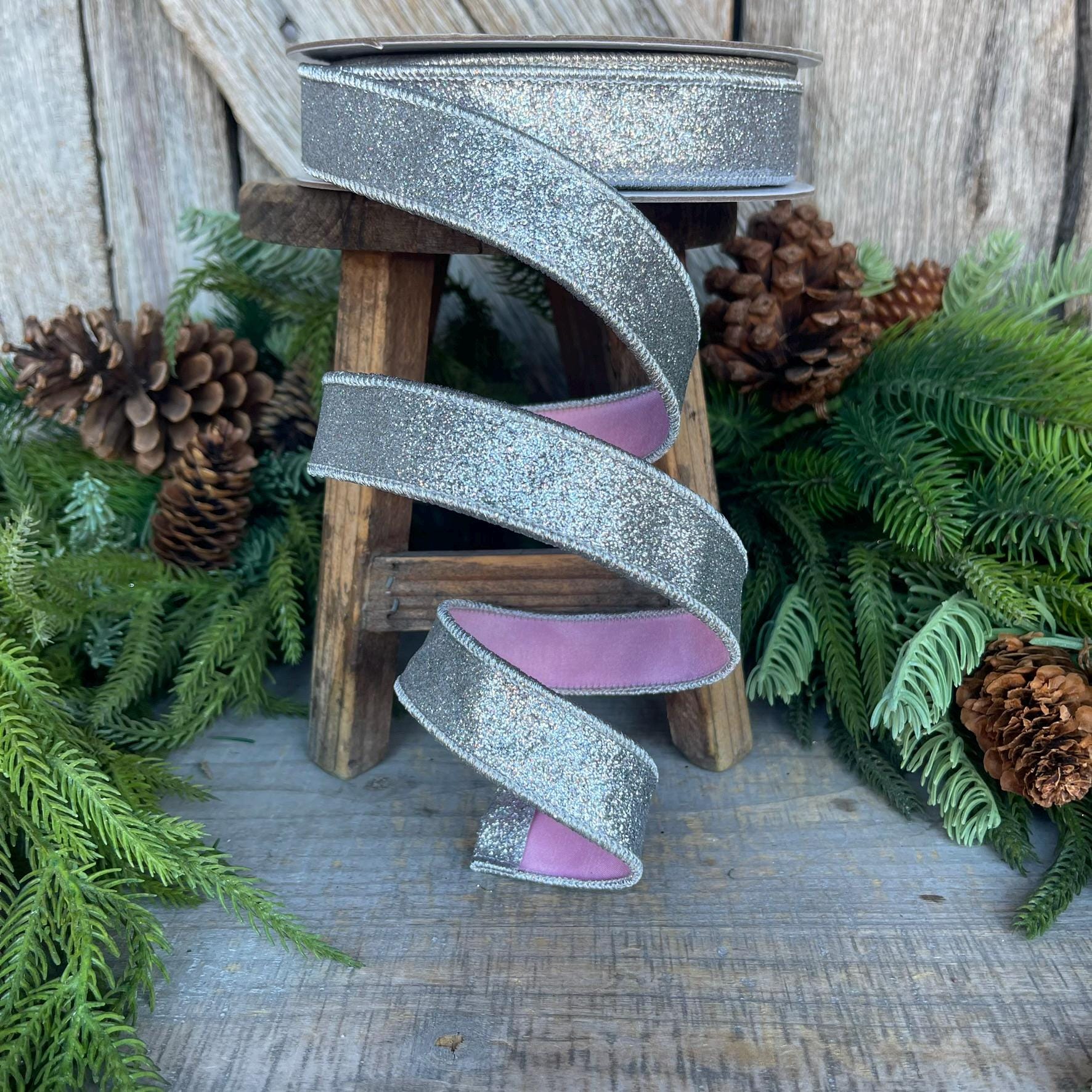 1" Silver Pink Glitter Wired RIbbon, Farrisilk Ribbon, Silver Ribbon
