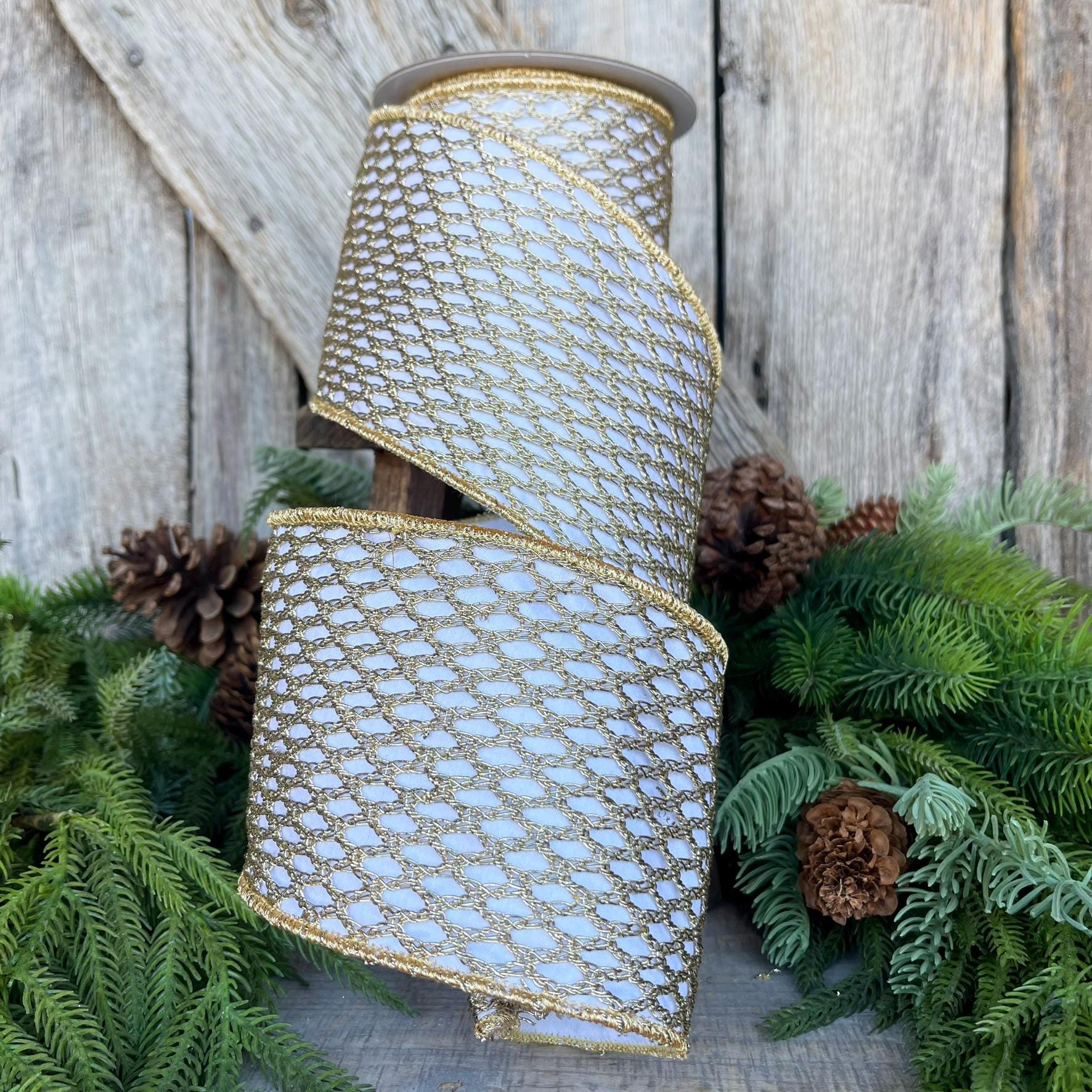 4" White Gold Ribbon, Farrisilk Ribbon, Gold lattice ribbon