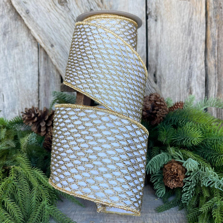 4" White Gold Ribbon, Farrisilk Ribbon, Gold lattice ribbon